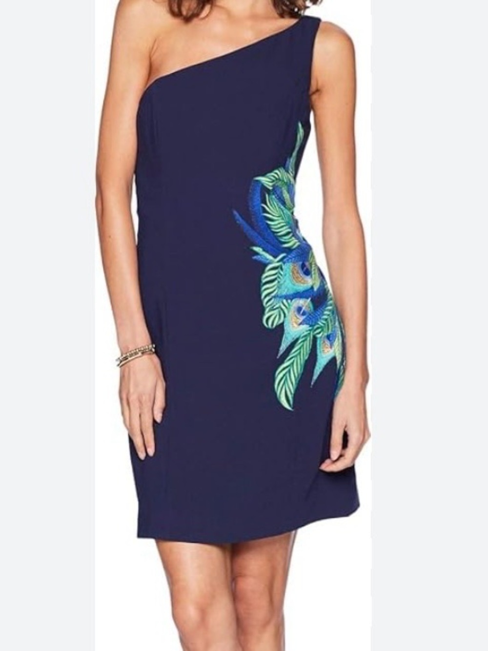 Lilly Pulitzer Jamie Dress Navy One-Shoulder with Teal & Blue Peacock Embroidery